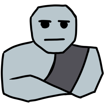 a blocky light blue-grey figure with folded arms and a simple, unimpressed expression. they are wearing a dark grey sash